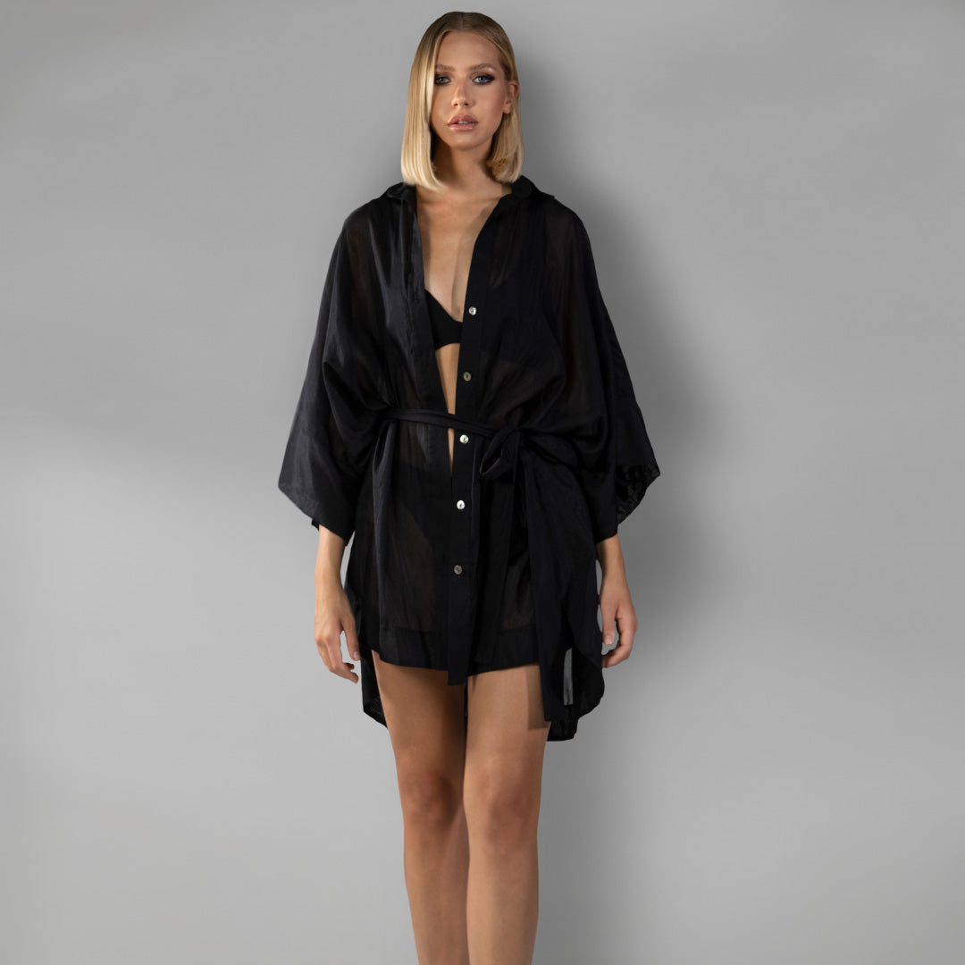 Black Silk cotton shirt & shorts with mother of pearl buttons