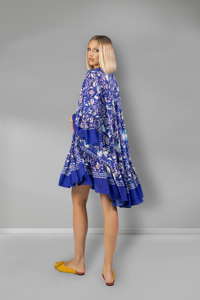 Blue Printed Ruffle Dress