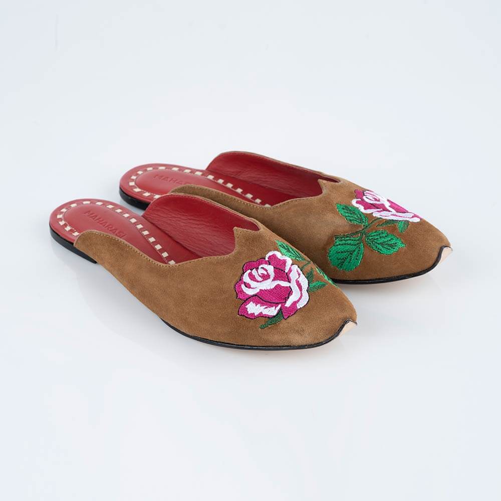 Rose Garden Suede Brown With Roses Mules