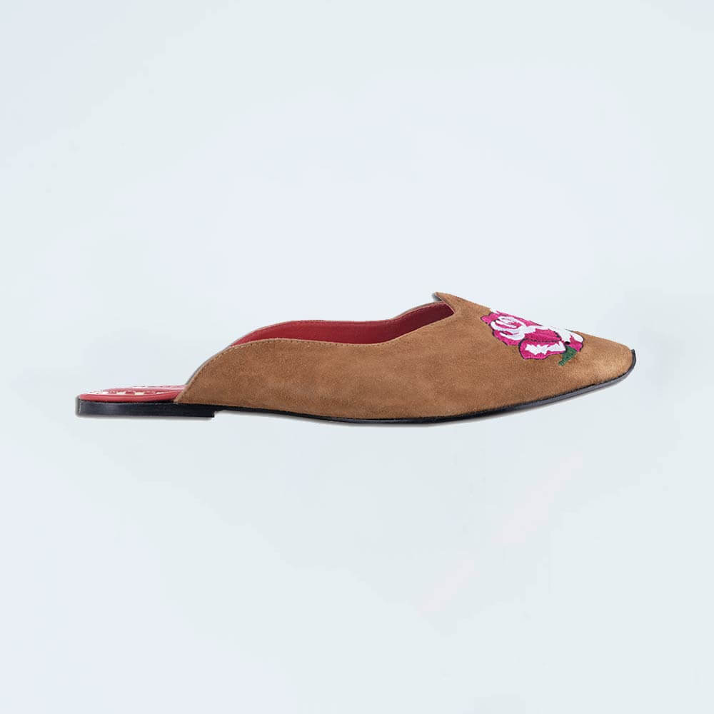 Rose Garden Suede Brown With Roses Mules