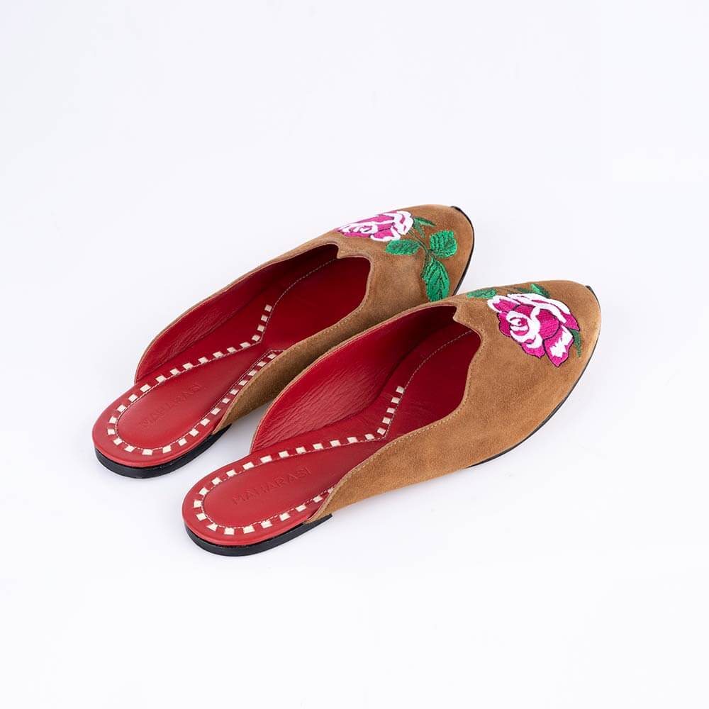 Rose Garden Suede Brown With Roses Mules