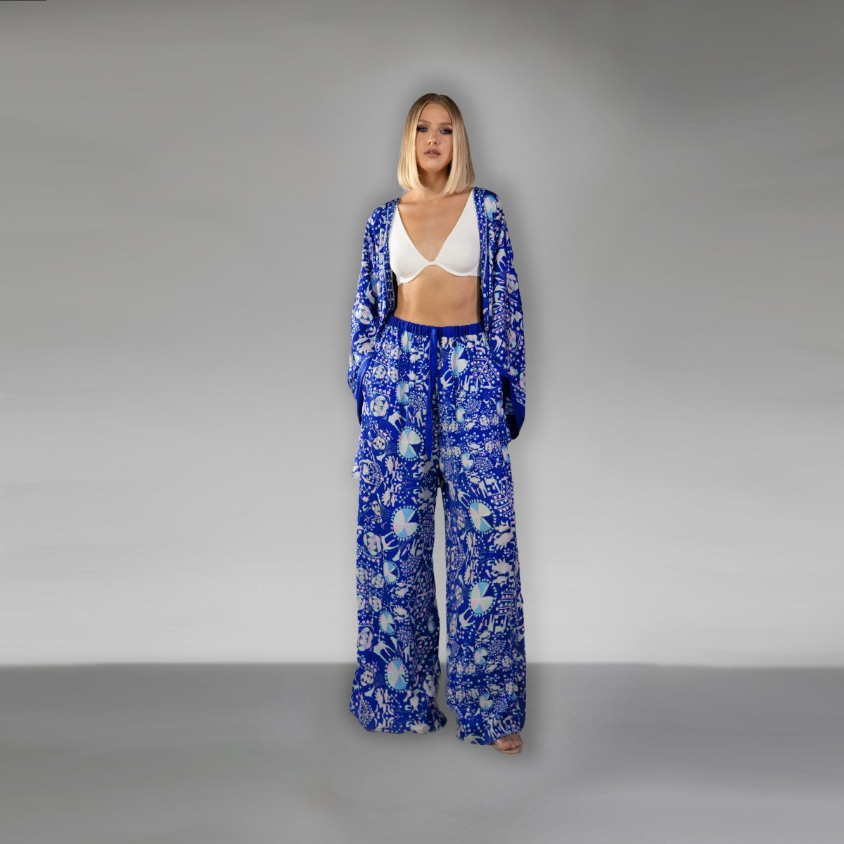 Blue Printed Wide Leg Trouser